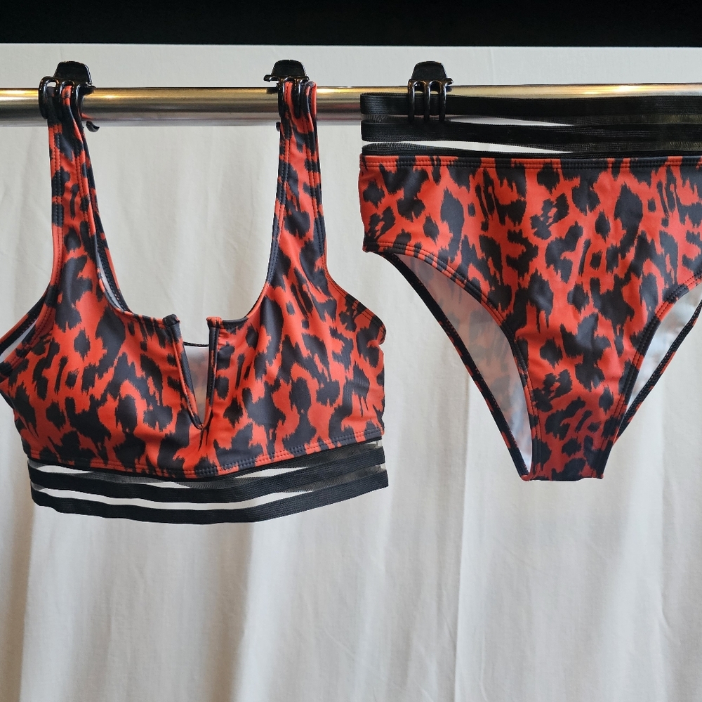 Red and Black Animal Print Bikini / Tankini Set Medium